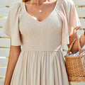 Elegant Beige V-Neck Midi Dress with Smock Waist & Ruffle Hem