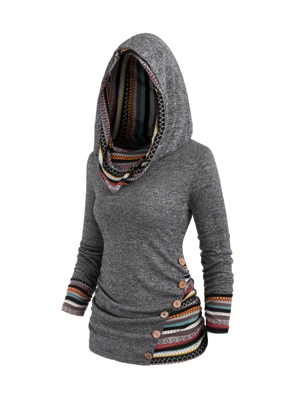 Sweatshirt com capuz de moda feminina, manga comprida, estampado de riscas, malha de patchwork com botões falsos, poliéster 95% spandex 5%, temporada outono/inverno, peso da peça 180g/m²