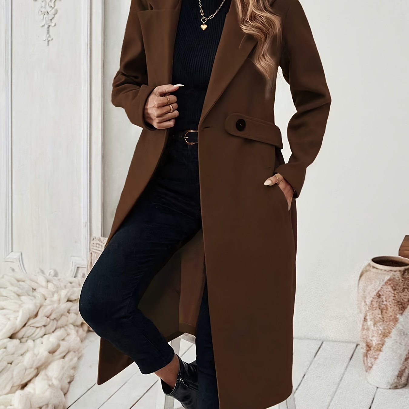 Elegant Women's Long Coat with Belt & Bamboo Details