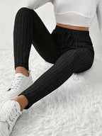 Leggings de cintura alta em cor sólida com cordão falso, com nervuras, Skinny Casual Stretchy Leggings para uso diário, Roupa de mulher