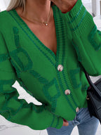 Casaco de malha com blocos de cor, casaco de malha com botões em decote em V, tops casuais para outono e inverno, roupa de mulher