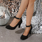 Salto bloco feminino, bombas elegantes de cor sólida, saltos com tira de fivela da moda