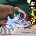 Sapatos de corrida leves para crianças - Sapatos de corrida para rapazes e raparigas com fecho, sola EVA antiderrapante - Sapatos respiráveis para crianças pequenas até aos primeiros adolescentes - Acento laranja/azul - Escola, parque infantil, desporto - Fecho fácil de colocar, calçado ativo para crianças, calçado elegante para crianças, ajuste confortável, calçado para crianças, escolares