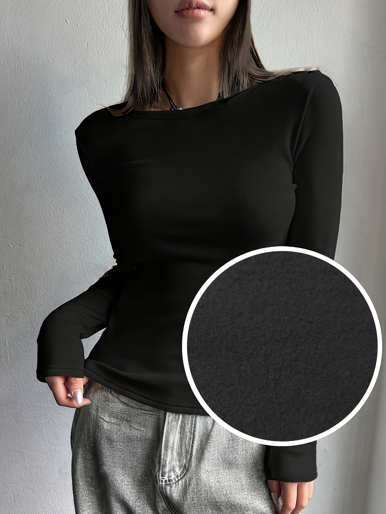 Top de manga comprida com forro de lã para mulheres - Rosa suave, textura ribana, detalhe de botão, perfeito para outono e inverno, estilo casual, roupa casual | Top de textura ribana | Top forrado de lã, top de lã/inverno para mulheres