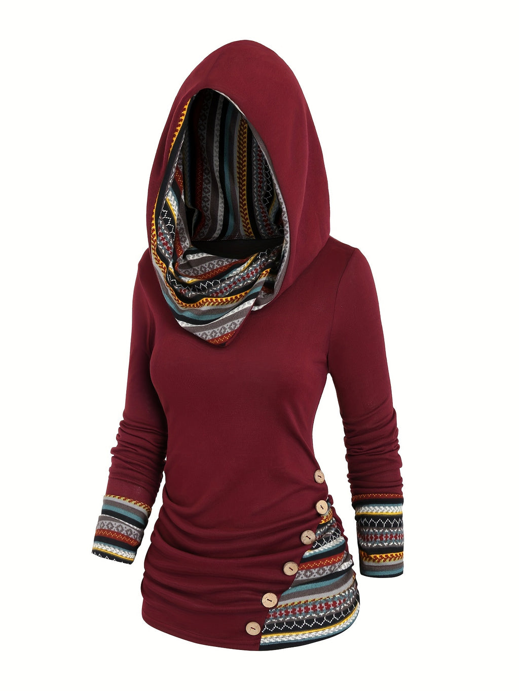 Sweatshirt com capuz de moda feminina, manga comprida, estampado de riscas, malha de patchwork com botões falsos, poliéster 95% spandex 5%, temporada outono/inverno, peso da peça 180g/m²