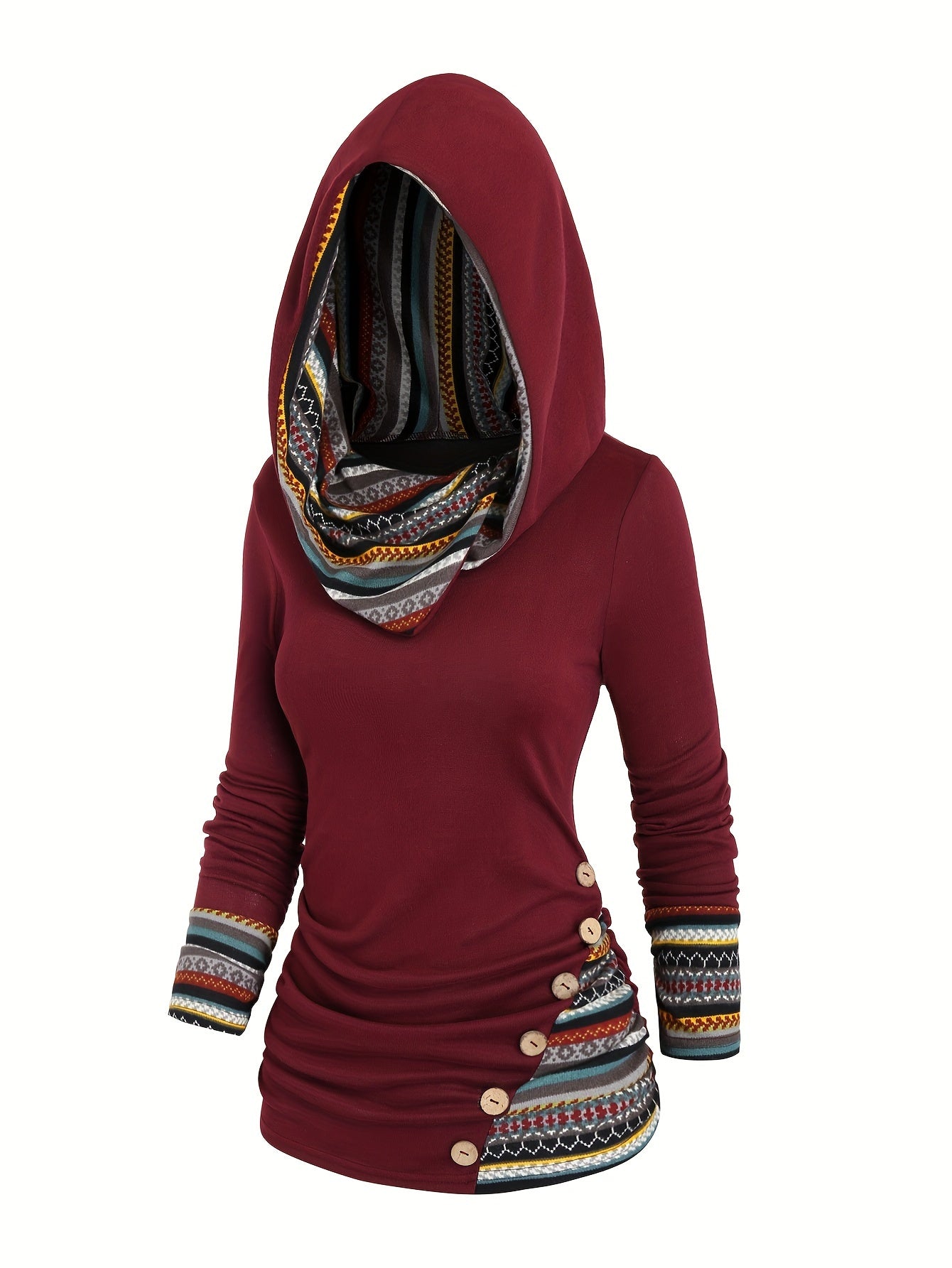 Sweatshirt com capuz de moda feminina, manga comprida, estampado de riscas, malha de patchwork com botões falsos, poliéster 95% spandex 5%, temporada outono/inverno, peso da peça 180g/m²