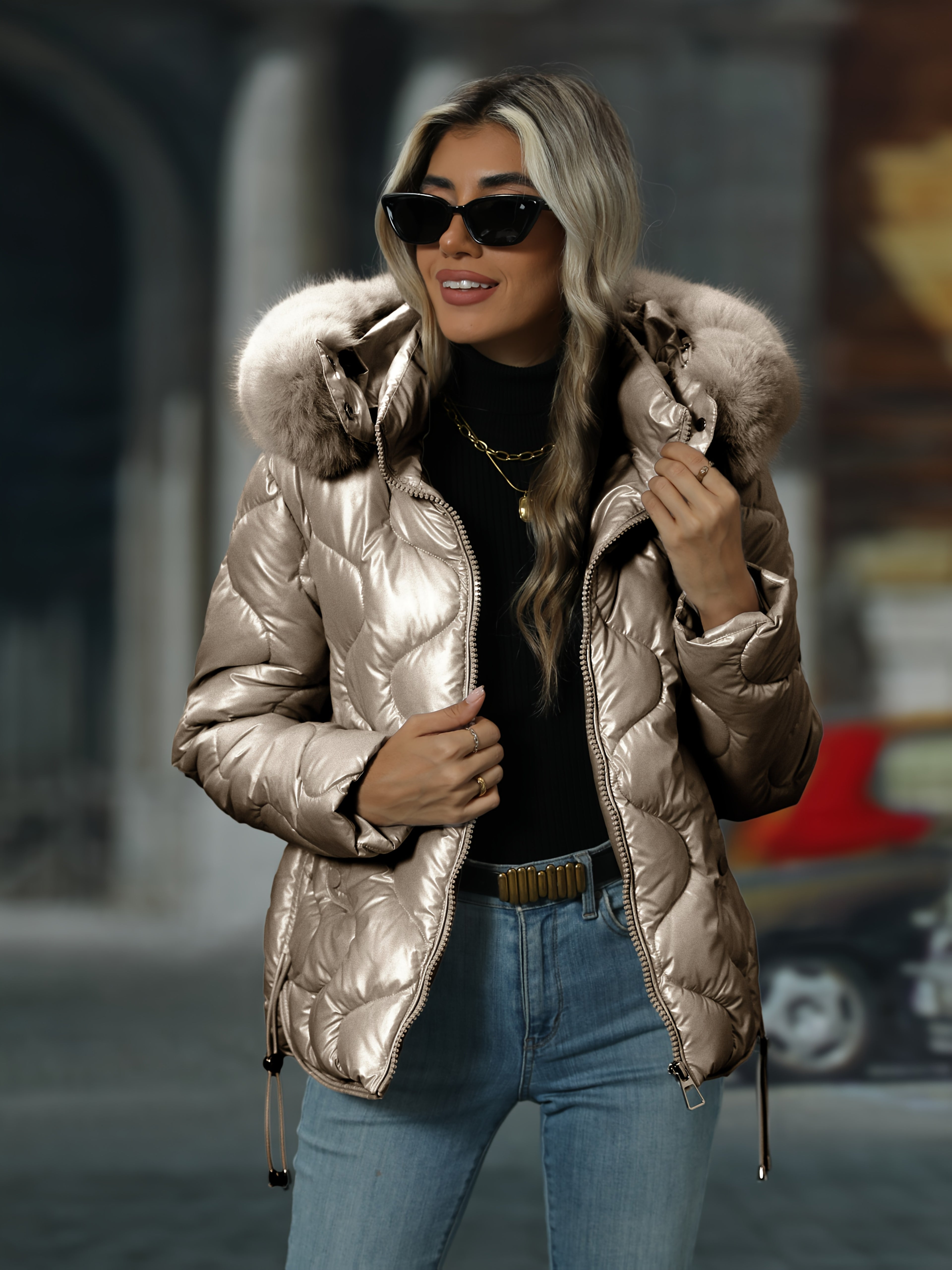 Casaco com Capuz Destacável Feminino | Moda de Inverno Chique, Corte Normal, Cor Lisa, Mangas Compridas, Detalhe de Fecho de Correr