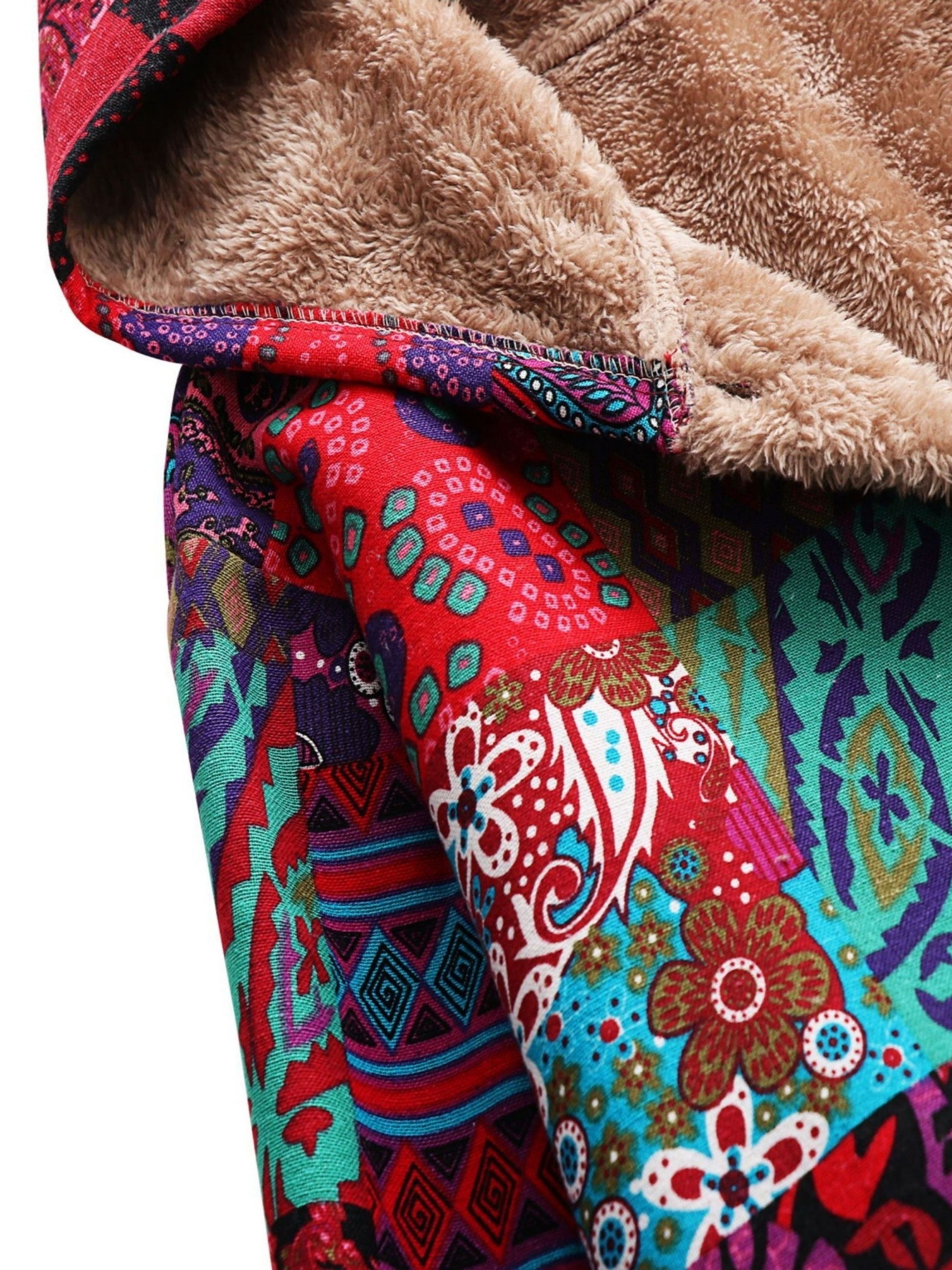 Casaco com Capuz Forrado de Fleece com Estampa Paisley & Floral Colorida - Quente, com Botões, Manga Longa, Roupa de Fora para Mulheres, Lavável à Máquina