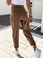 Calças Jeans Femininas de Cintura Alta e Perna Larga - 7/8 Comprimento Tapered no Tornozelo, Cintura com Passantes e Bolsos, Calças Marrons para Todas as Estações, do Casual ao Formal, para Trabalho, Viagem e Looks Diários (Lavável na Máquina) - Denim com Controle de Barriga