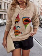 Blusa Casual de Gola V com Estampa em Contraste e Tecido Solto em Estoque