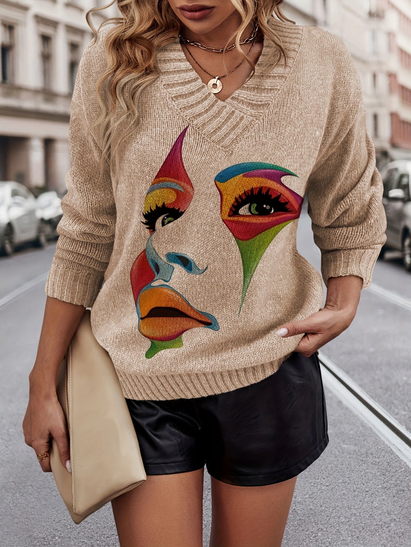 Blusa Casual de Gola V com Estampa em Contraste e Tecido Solto em Estoque