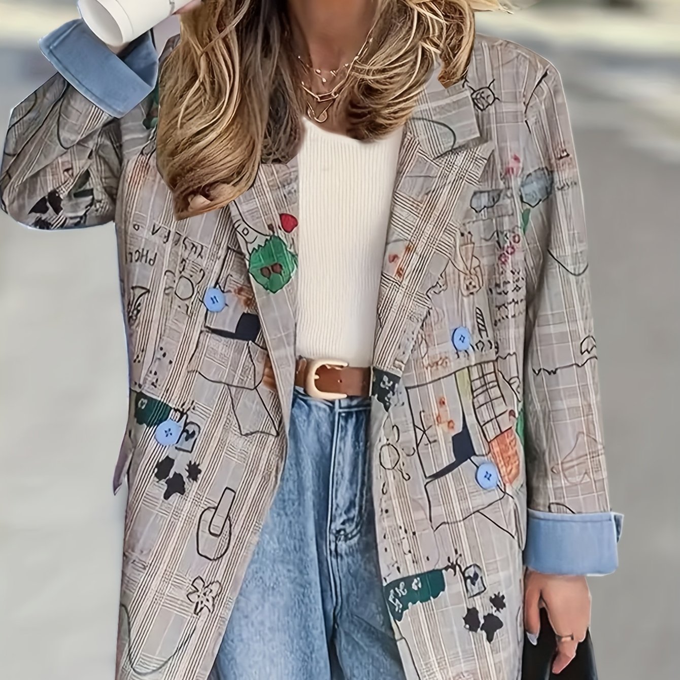 Sophisticated Long Sleeve Graffiti Blazer