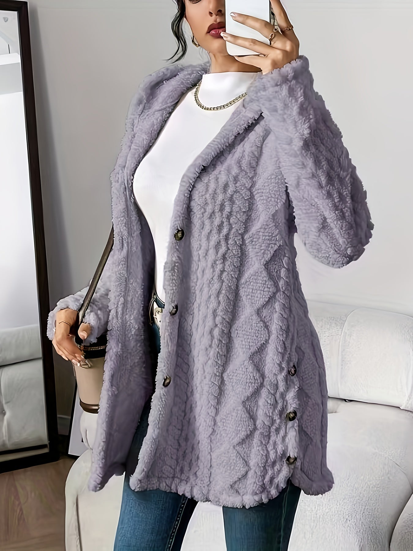 Casaco Cardigã com Capuz de Pelúcia Jacquard Quente e Fashion para Outono-Inverno