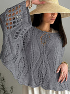 Plus Size, Top Casual Feminino com Recorte Geométrico e Manga 3/4 - Cobertura Protetora Solar Solta para Primavera/Verão, Roupa de Praia Translúcida e Respirável, Camada de Proteção Solar, Estampa Crochê, Tecido Lavável à Mão, Elasticidade Média