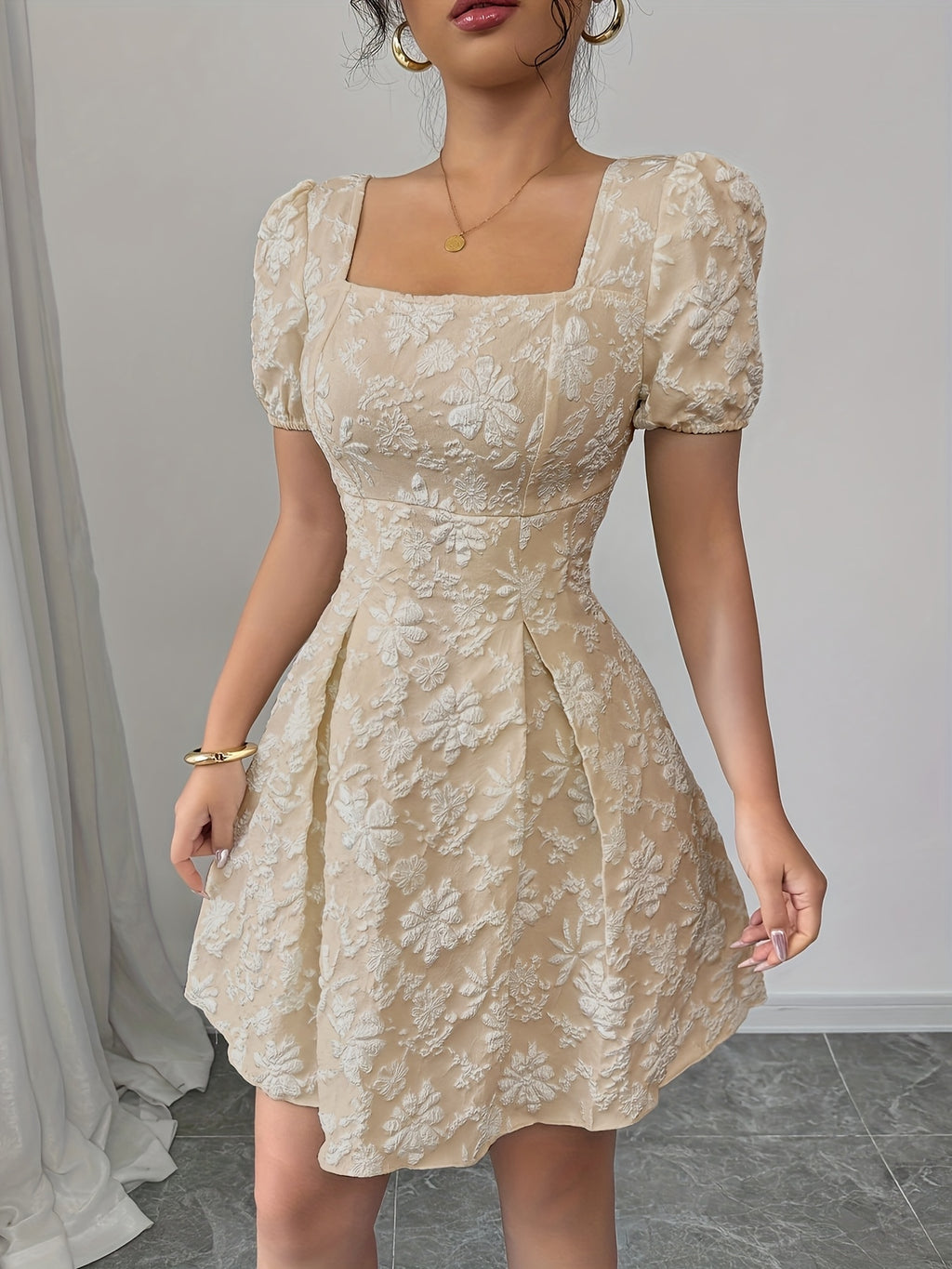 Vestido elegante feminino em A com padrão floral - Festa formal e casual, Casamento, Roupa do dia a dia - Corte elogiador para eventos de outono/inverno - Roupa feminina chique para todas as estações, Moda de inverno, Mangas balão, Costura de qualidade, Roupa elegante, Amantes da moda