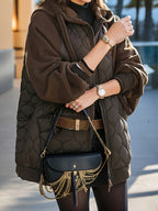 Casaco Elegante com Capuz | Outono/Inverno, Tecido Sem Elasticidade, Padrão de Escamas de Peixe, Manga Regular, Fecho de Zíper, Corte Larga