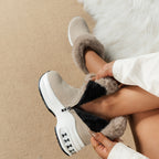 Botas de Plataforma MZMQS para Mulheres com Fecho de Zíper - Sola Grossa Antiderrapante em PU, Sapatos Quentes para o Inverno - Botas Pretas para Looks Casuais e Formais, Aumento Confortável de Altura, Design com Babado Peludo, Calçados Duráveis e Forrados a Lã, Moda Feminina