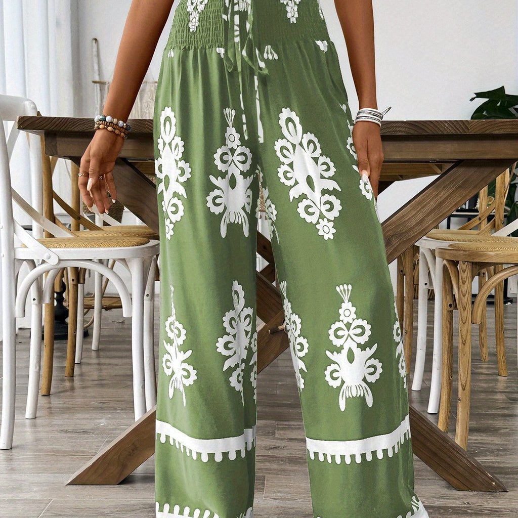 Wide Leg Floral Pants with Elastic Waist