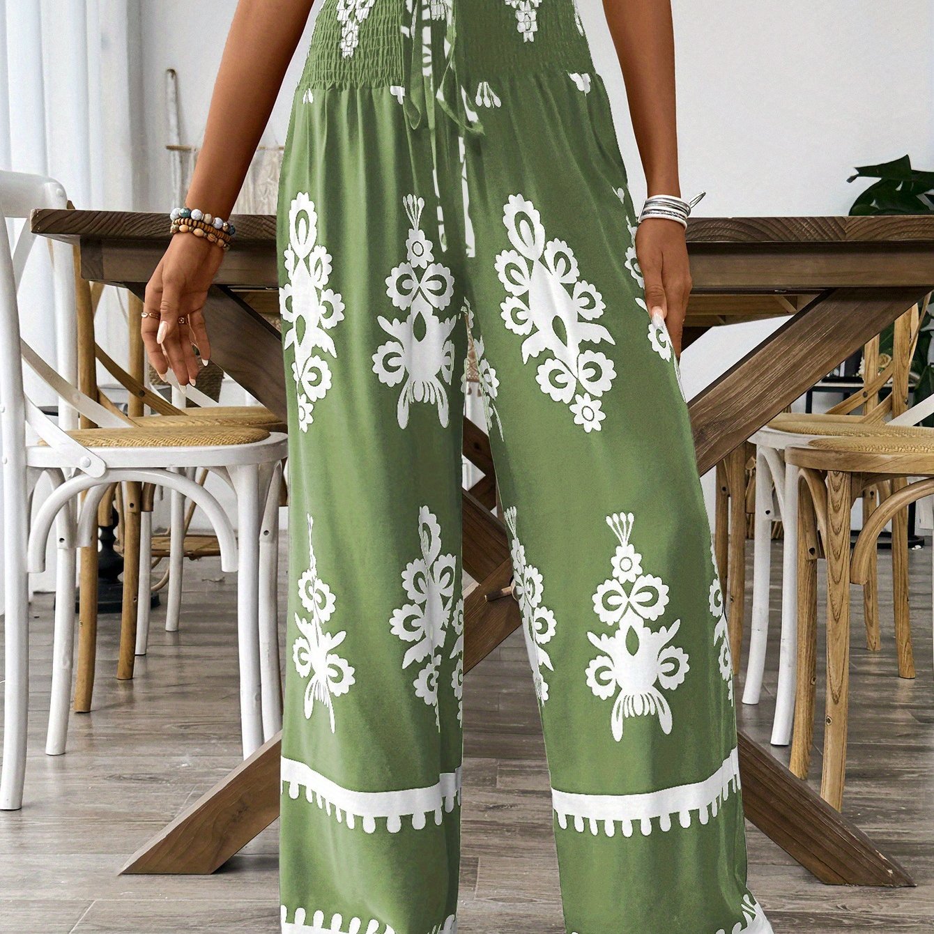 Wide Leg Floral Pants with Elastic Waist