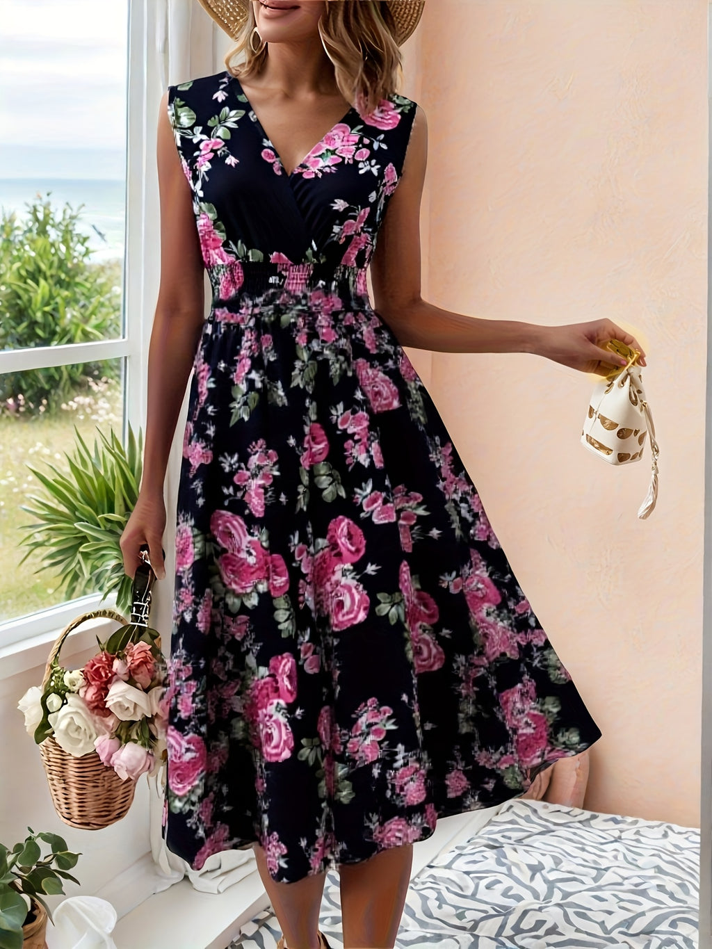 Vestido Feminino Elegante Decote em V Curto a Médio Comprimento A-Line - Sem Mangas, Cintura Smock, Estampa Floral Vermelho e Verde, Lavável à Máquina, Primavera Verão, Convidada de Casamento, Festa, Vestido Semi-Transparente para Mulheres