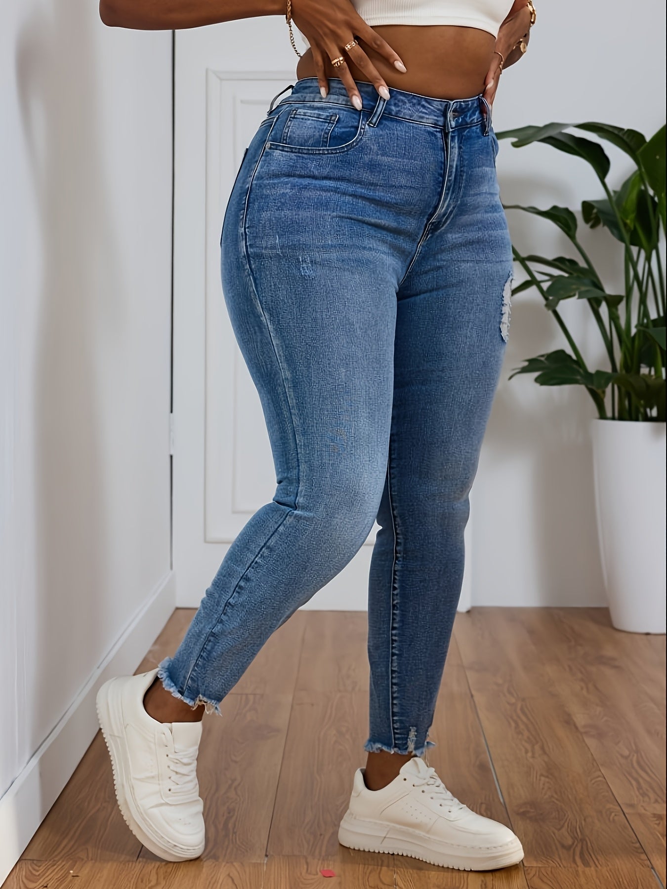 Jeans Skinny de Cintura Alta para Mulheres - Jeans Skinny com Elástico, Franja na Barra e Passantes para Cinto, Calças Azuis Ajustadas para Todas as Estações com Jaquetas de Jeans (Lavável à Mão) - Jeans  e Elásticos para Mulheres Curvilíneas