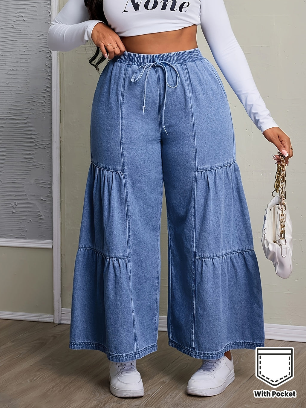 Calças Jeans Femininas de Cintura Alta e Perna Larga sem Elasticidade com Fivela de Cinto e Bolsos - Bainha com Babado para Todas as Estações, do Casual ao Formal, Resistente a Rugas (Lavagem Manual Apenas) - Leggings com Comprimento de Jeans