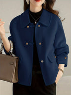 Jaqueta de Tweed Elegante com Botões de Pérola para Mulheres - Casaco com Gola e Entalhe, Bolso Estruturado, Blazer Solto para Uso em Todas as Estações, Casual a Profissional (Marrom/Bege/Preto) - Lavagem à Mão/Limpeza a Seco