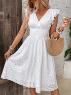 Vestido de cintura franzida oca em forma de A, Vestido de férias com decote em V e mangas com folhos para a primavera e o verão, Roupa de mulher para casamentos, formaturas, noivados, ocasiões especiais, festas, férias e aniversários