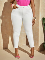 Jeans Cropped Justos de Cintura Subida Brancos Fashion | Tecido de Alta Elasticidade, Detalhe de Bainha Desfiada, Fecho de Botão, Adequados para Todas as Estações