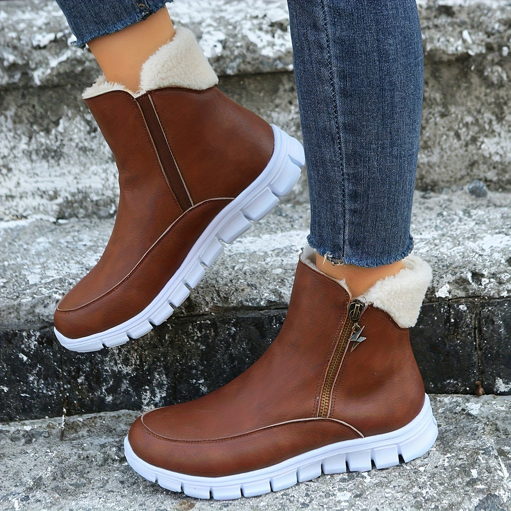Botas de Inverno Femininas Aconchegantes com Forro de Fleece - Cano Curto, Solado Grosso, Zíper Lateral, Detalhe de Estrela, Bico Redondo Casual, Bege, Para Clima Frio, Botas de Inverno, Solado Grosso, Botas Curtas, Botas para Clima Frio