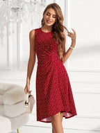 Vestido Elegante Feminino Sem Mangas com Estampado de Corações - Azul Marinho com Bolinhas, Bainha Évasée e Cintura com Folhos, Lavável na Máquina, Roupa Versátil para Todas as Estações, Casuais ou Formais, Vestidos Bonitos