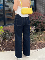 Calças Jeans Plus Size Femininas de Perna Larga em Linha H - Calças Compridas com Zíper na Coxa, Azul Escuro Elástico (Sem Passantes), Uso Casual e Formal para Todas as Estações, Lavável na Máquina para Mulheres Curvilíneas (Tamanho Plus Size)