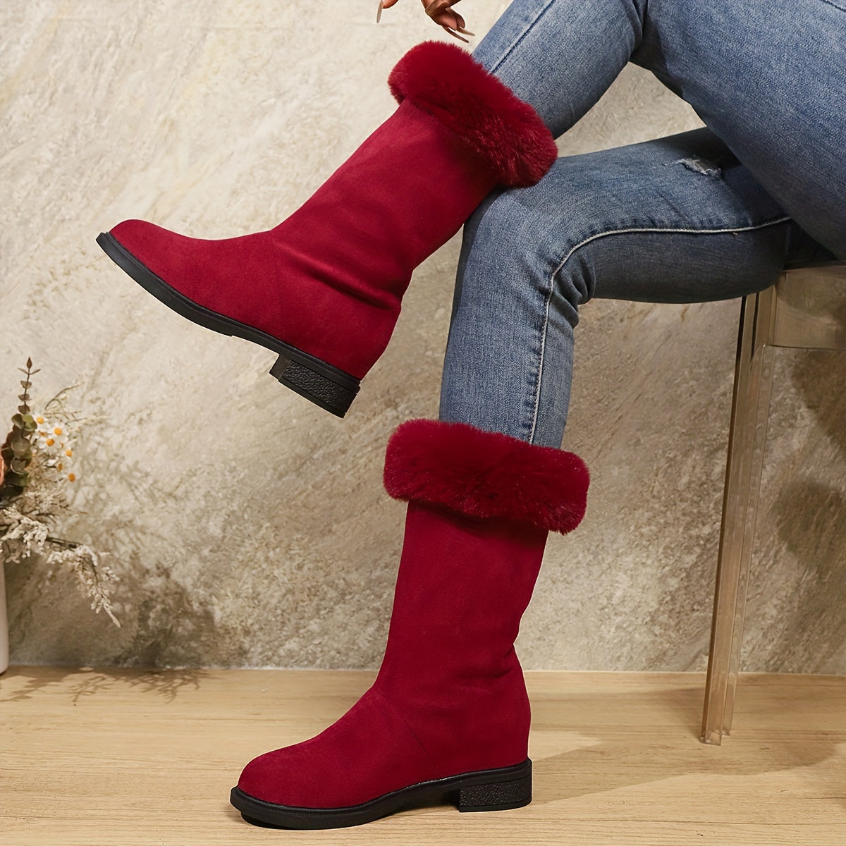 Botas Clássicas de Pelúcia para Mulher | Toque Suave, Conforto Quente de Inverno, Slip-on, Salto com Plataforma, Altura de Salto Médio