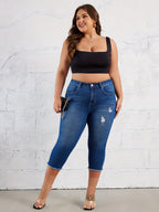 Calças Capri Elásticas para Mulheres - Estilo Urbano, Cor Sólida, Comprimento Médio com Bordas Desfiadas, Cintura Perforada e Zíper Interno, Ajuste Regular, Adequado para Todas as Estações