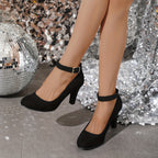 Salto bloco feminino, bombas elegantes de cor sólida, saltos com tira de fivela da moda