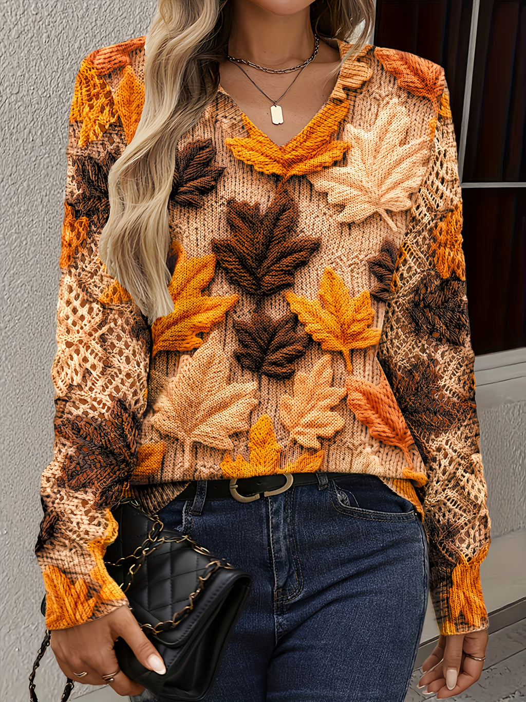 Plus Size, Suéter Vintage Bohemio com Estampa de Folha de Bordo, Decote em V, Manga Longa Vazada para Mulheres Plus Size, Outono Inicial