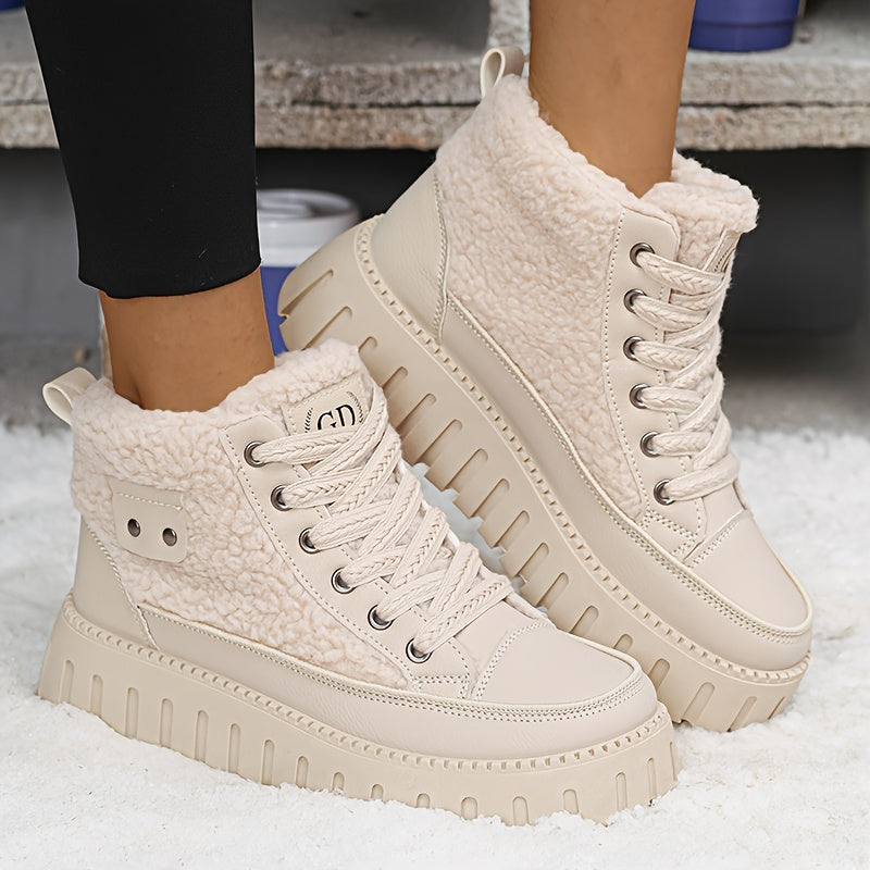Botas Femininas de Inverno 2025, Cano Alto e Grosso com Forro de Fleece, Sapatos Esportivos Versáteis com Sola Grossa para Clima Frio