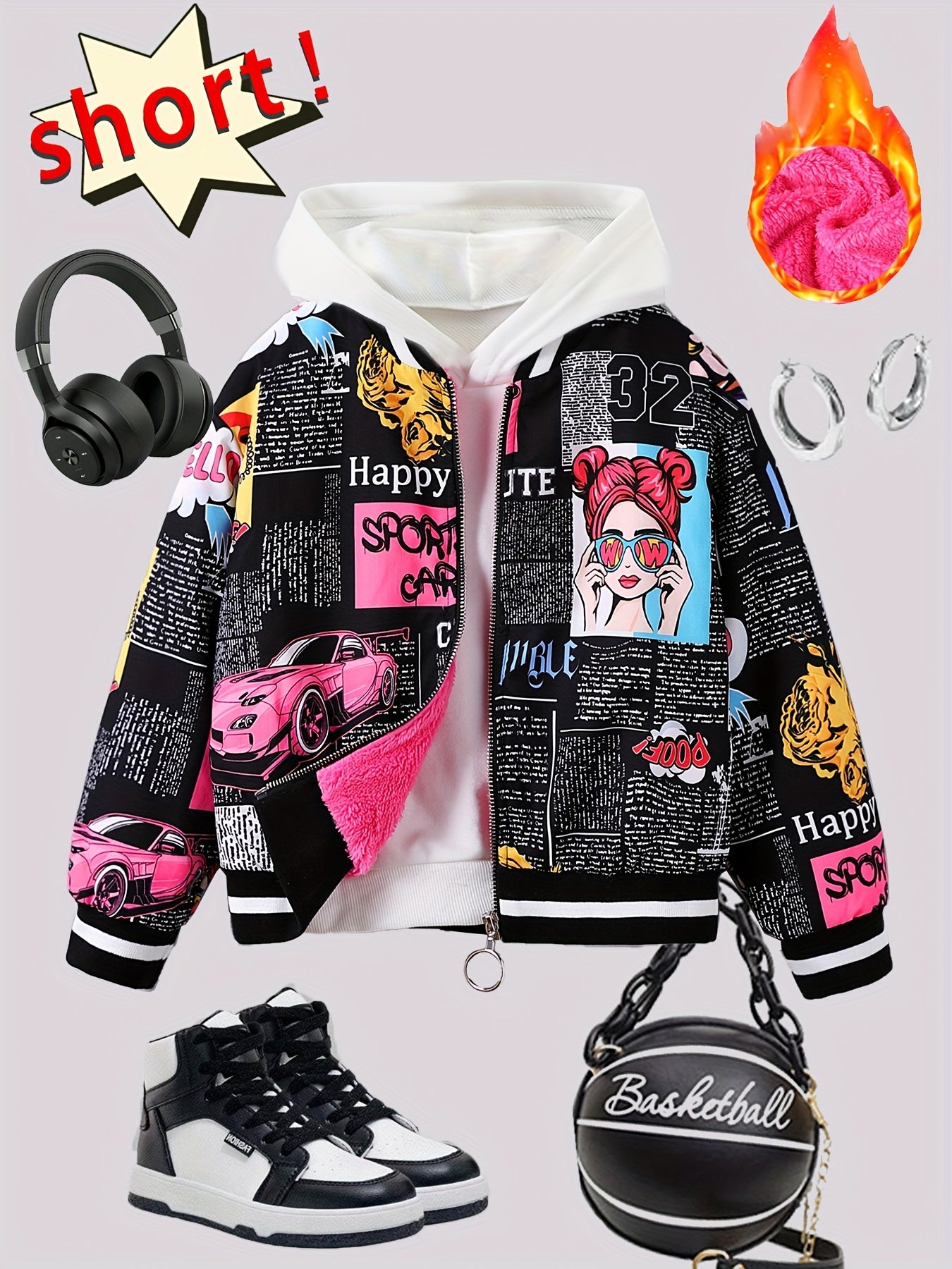 Jaqueta Bomber Aconchegante com Forro de Fleece e Estampa de Pop Art para Meninas - Casaco Casual com Zíper Estilo Baseball para Outono/Inverno, Tamanhos 130-170