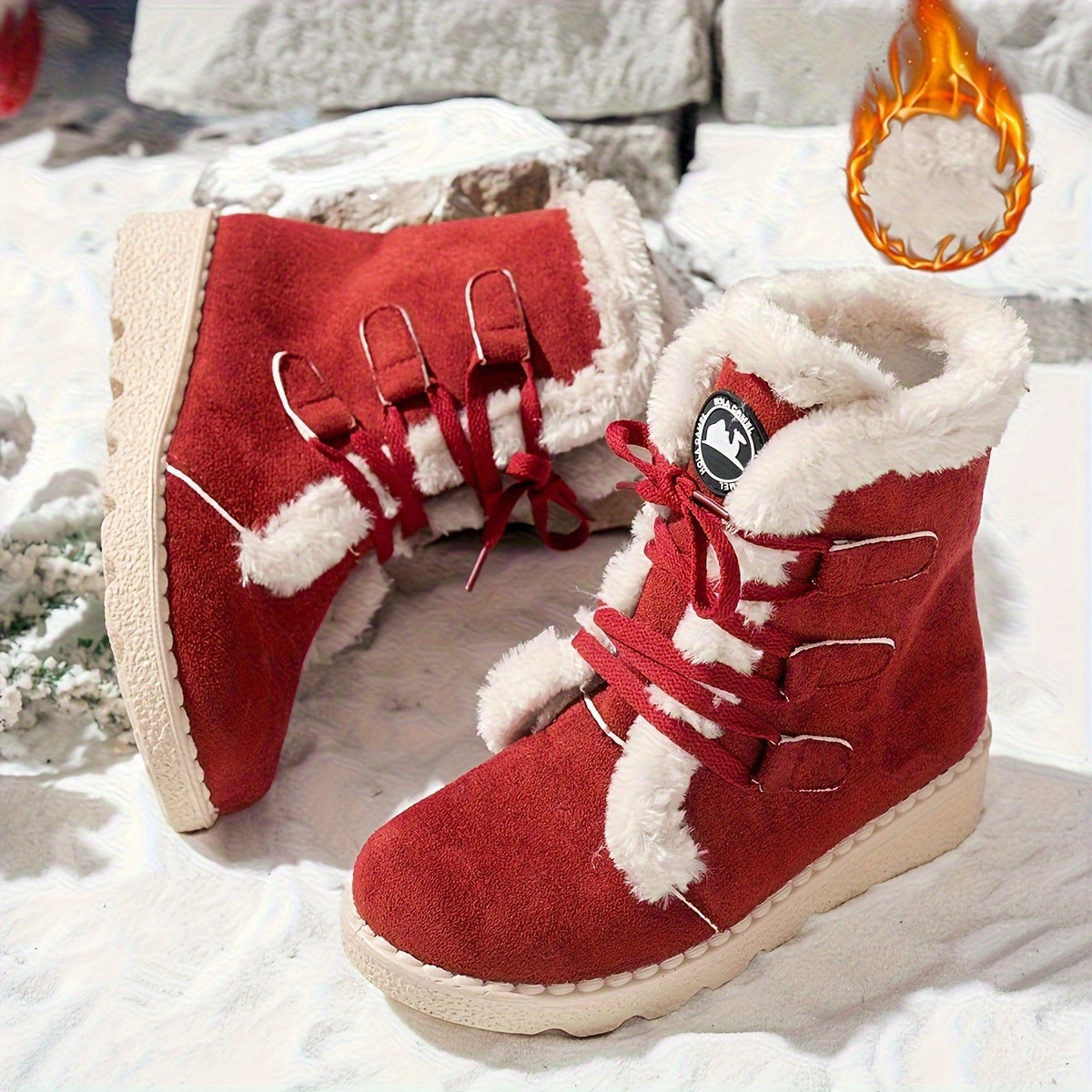 Botas de Inverno Femininas - Botas de Neve de Cano Médio com Fecho de Cordões, Sola de Borracha Antiderrapante, Parte Superior em Tecido Quente - Castanho - Palmilha Acolchoada - Sapatos para Clima Frio para Senhoras, Botas de Inverno Femininas, Interior Forrado a Pelúcia