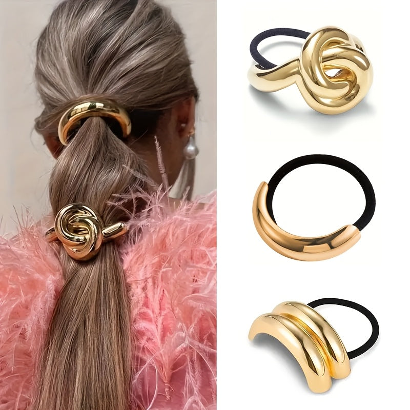 Conjunto de 3 peças de cordão de cabelo oco em liga dourada, design elegante e minimalista com detalhe de renda, cor sólida, para o festival de Natal, adequado para idades a partir dos 14 anos.