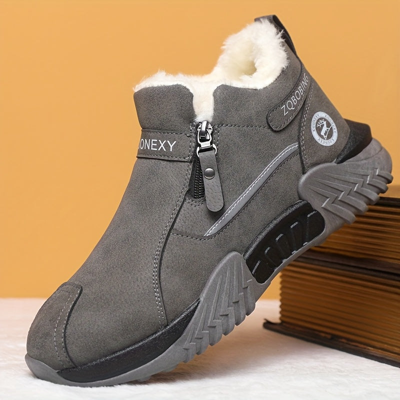 Botas de Neve Unissex para Inverno, Simples e Modernas em Cores Sólidas de Cinza, Preto, Caqui, Design Superior em PU, Design de Calçar Fácil, Sola de PVC Espessa e Macia Resistente ao Desgaste com Aderência Forte, Forrada para Calor e Conforto, Sapatos Deslizantes para Preguiça, Adequados para