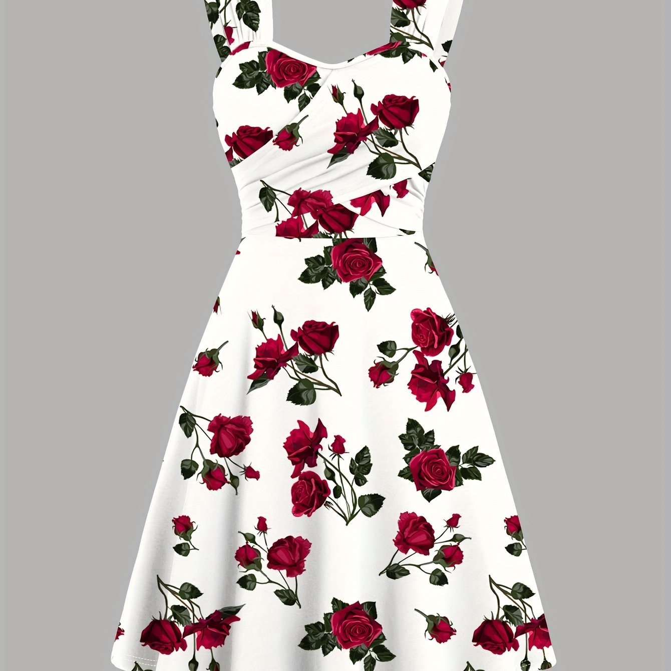 Elegant Red Rose Print Off-Shoulder Dress