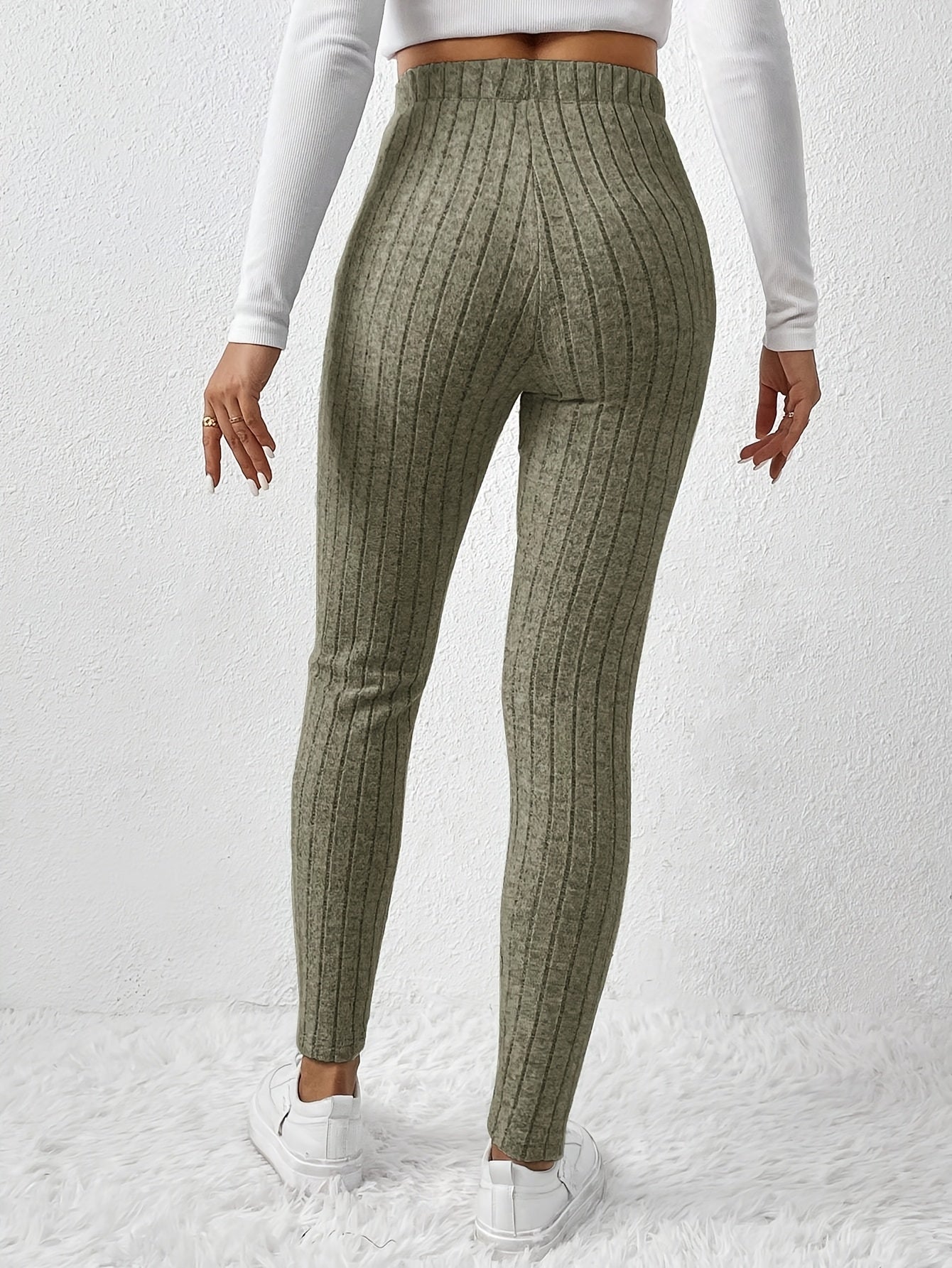 Leggings de cintura alta em cor sólida com cordão falso, com nervuras, Skinny Casual Stretchy Leggings para uso diário, Roupa de mulher