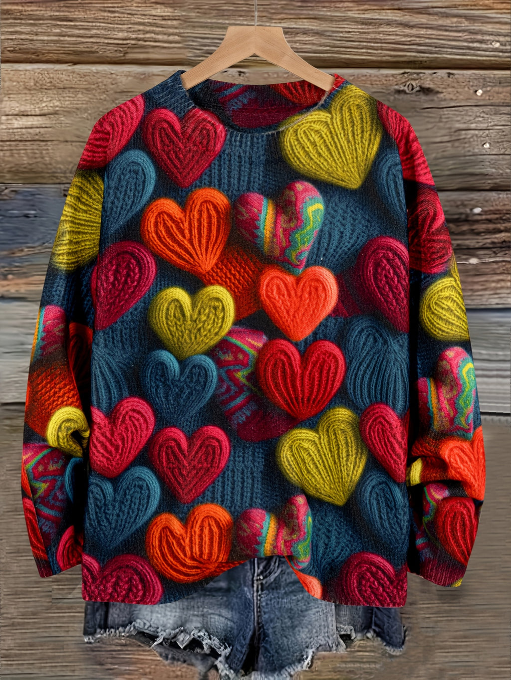 Tamanho Grande - Camisola Elegante Feminina com Padrão de Corações | Época de Outono, Gola Redonda, Manga Comprida, Corte Oversize, Pulôver com Estampado Digital