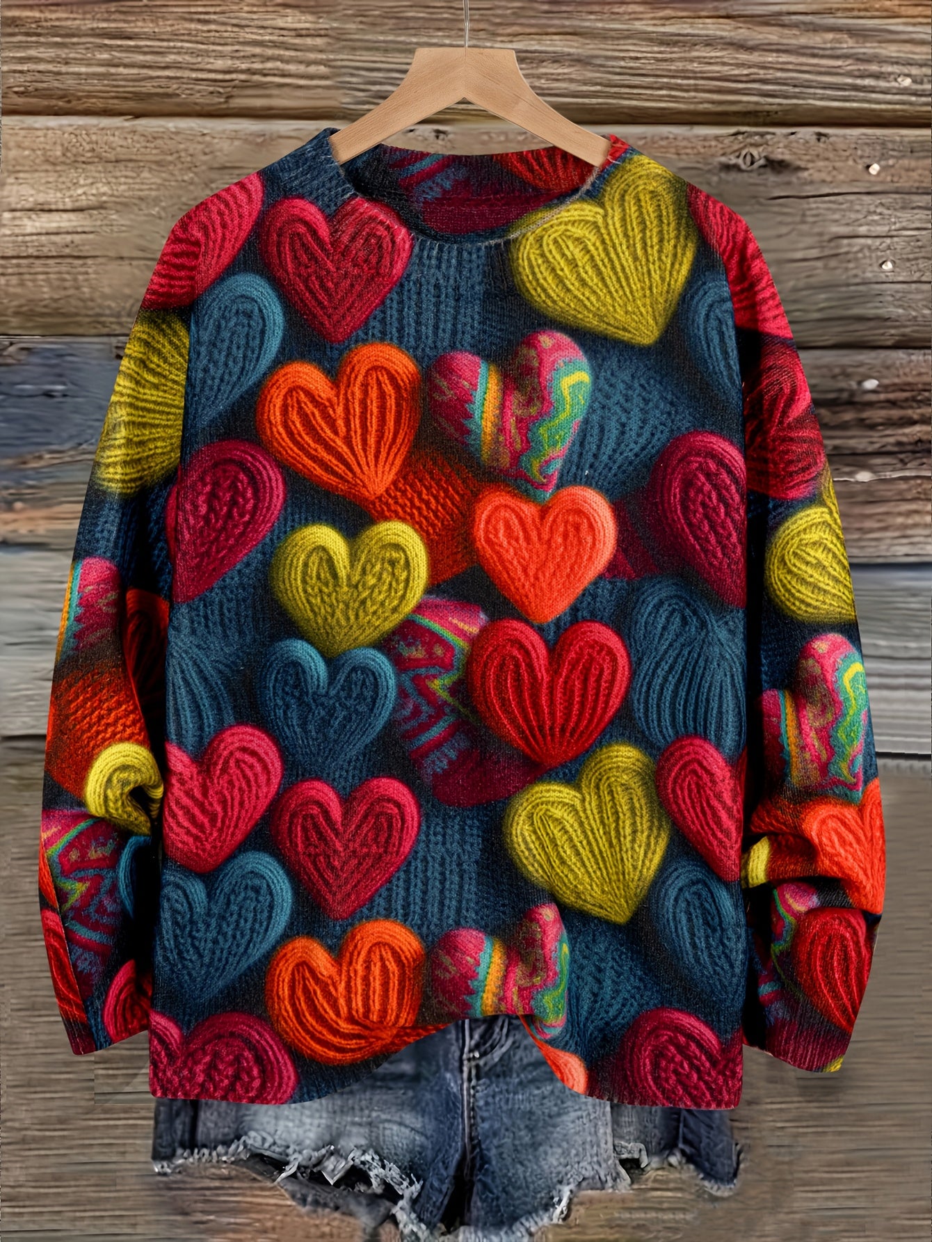 Tamanho Grande - Camisola Elegante Feminina com Padrão de Corações | Época de Outono, Gola Redonda, Manga Comprida, Corte Oversize, Pulôver com Estampado Digital