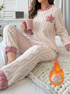 Conjunto de pijama casual grosso de jacquard com padrão de estrelas para mulher, com top de manga comprida e decote redondo e calças, ajuste confortável e relaxado para outono e inverno.