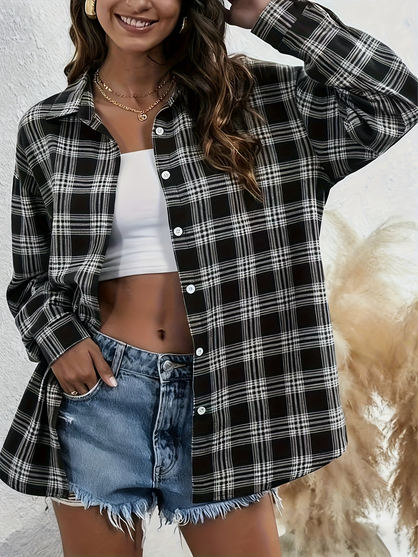 Camisa de Botões Oversize Feminina - Blusa de Manga Comprida e Corte Solto com Decote Quadrado, Tecido Opaco para Looks Diários e Formais - Transição Primavera/Outono, Roupa de Primavera Outono, Construção Durável, Topo Elegante, Roupa de Escritório