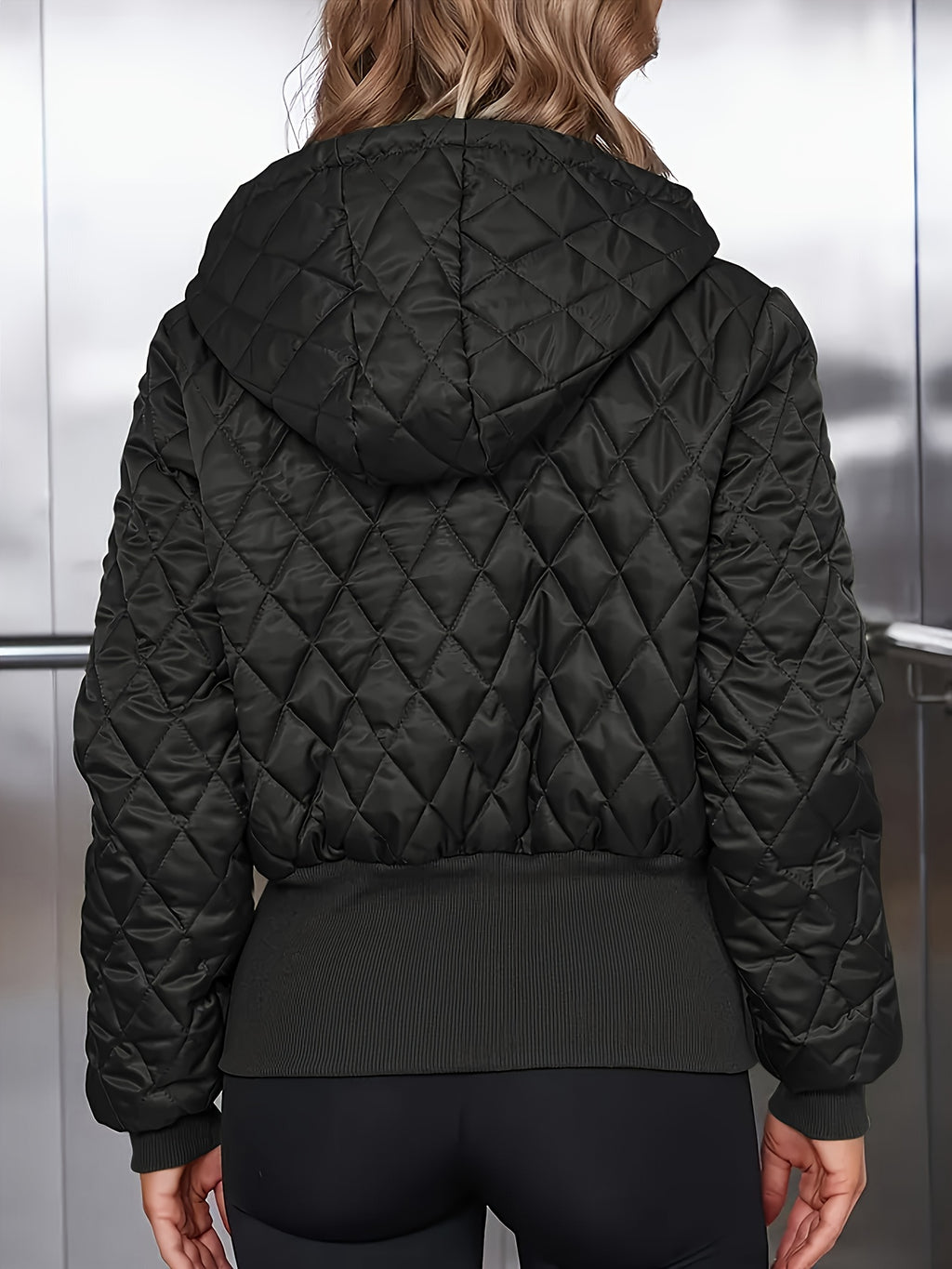 Casaco Acolchoado Casual com Capuz, Zíper e Cordão em Verde Militar