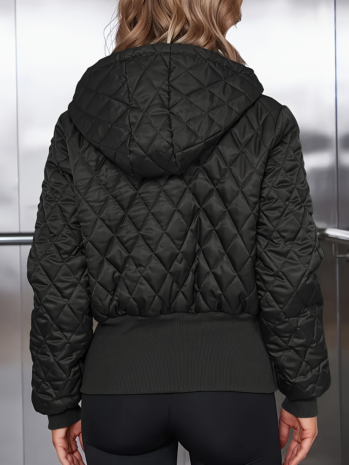 Casaco Acolchoado Casual com Capuz, Zíper e Cordão em Verde Militar