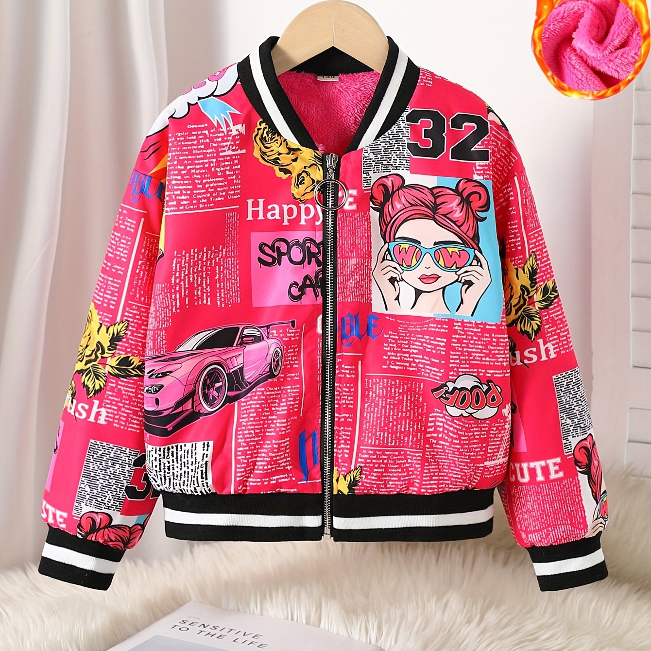 Cozy Pop Art Bomber Jacket for Girls - Fleece Lined